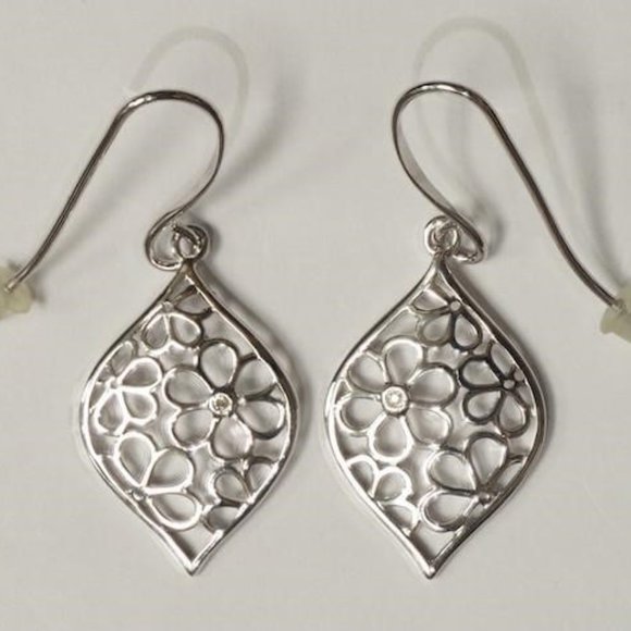 Sterling Silver Diamond Flower Earrings - Picture 2 of 2